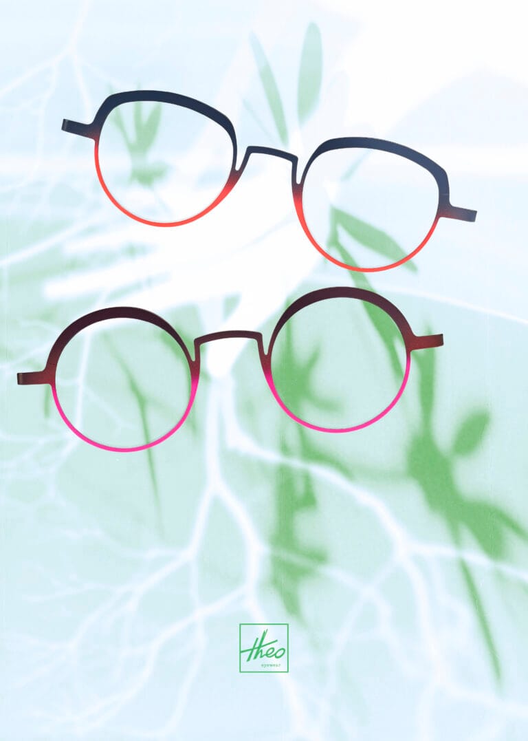 Three Round Eyeglasses in Blue, Red, and Pink Hues Displayed on a Pale Backdrop with the Theo Eyewear Logo at the Bottom.  | Eyestylist 6th May 2026