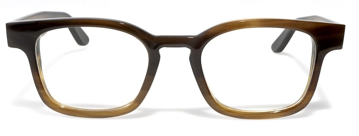 Brown tortoiseshell eyeglasses with rectangular frames photographed against a white background, centered front view.