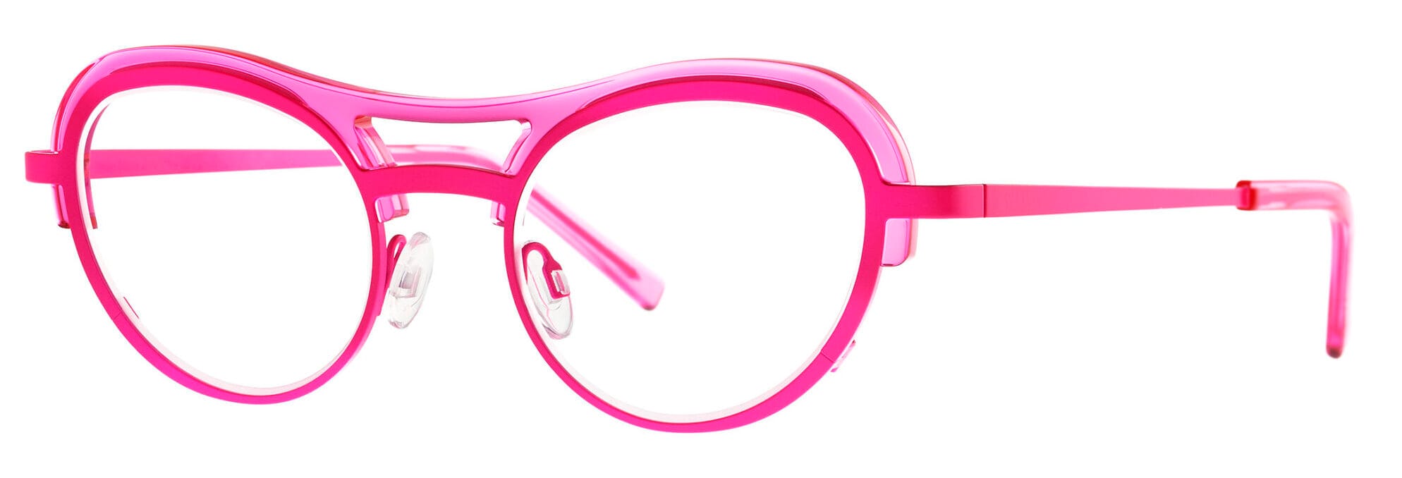 Bright pink plastic round eyeglasses with clear lenses and nose pads on a white background, front view for product listing.