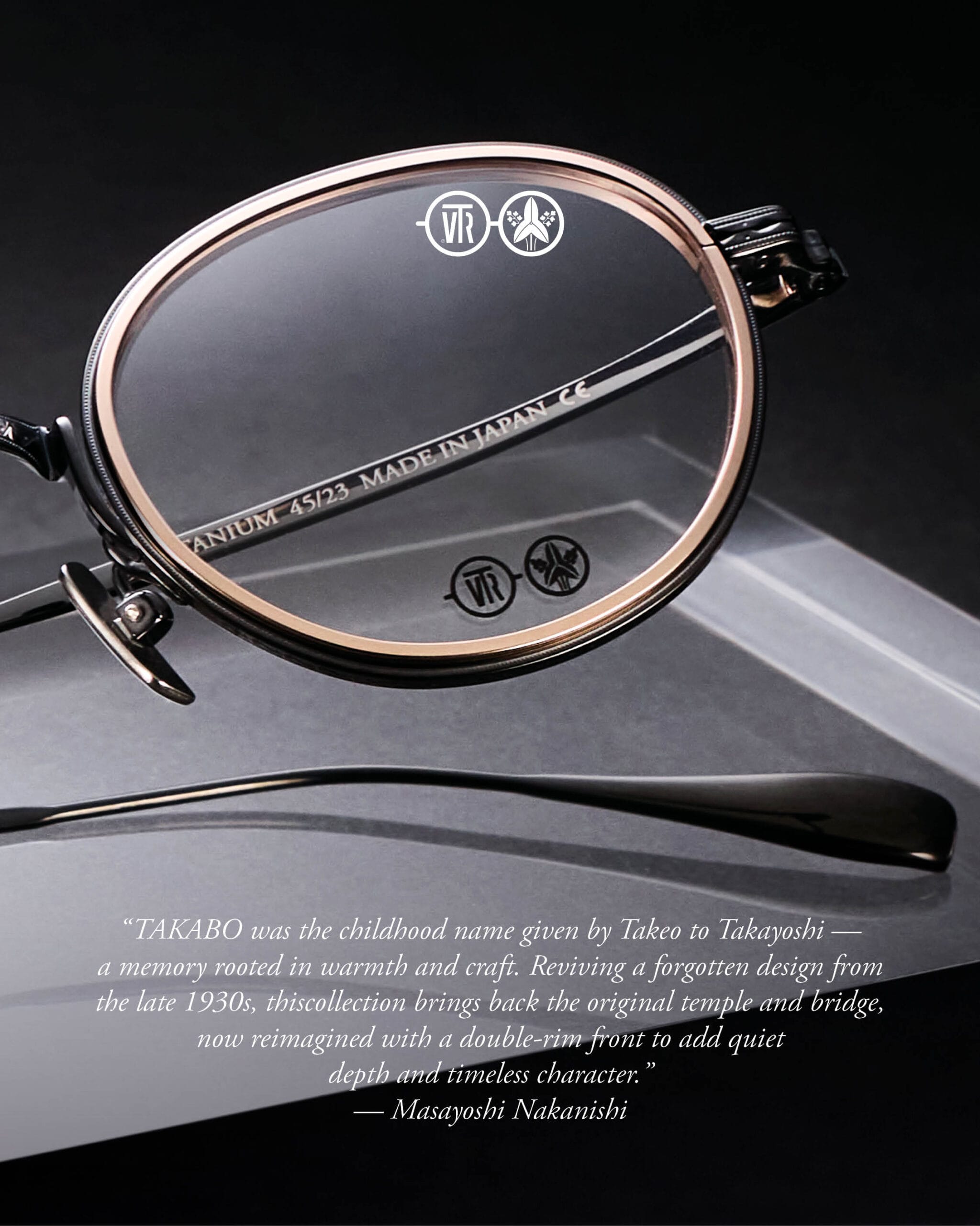 Close-up of a round wristwatch with a rose-gold bezel, black face, and visible strap; a long white quote overlays the bottom of the image.