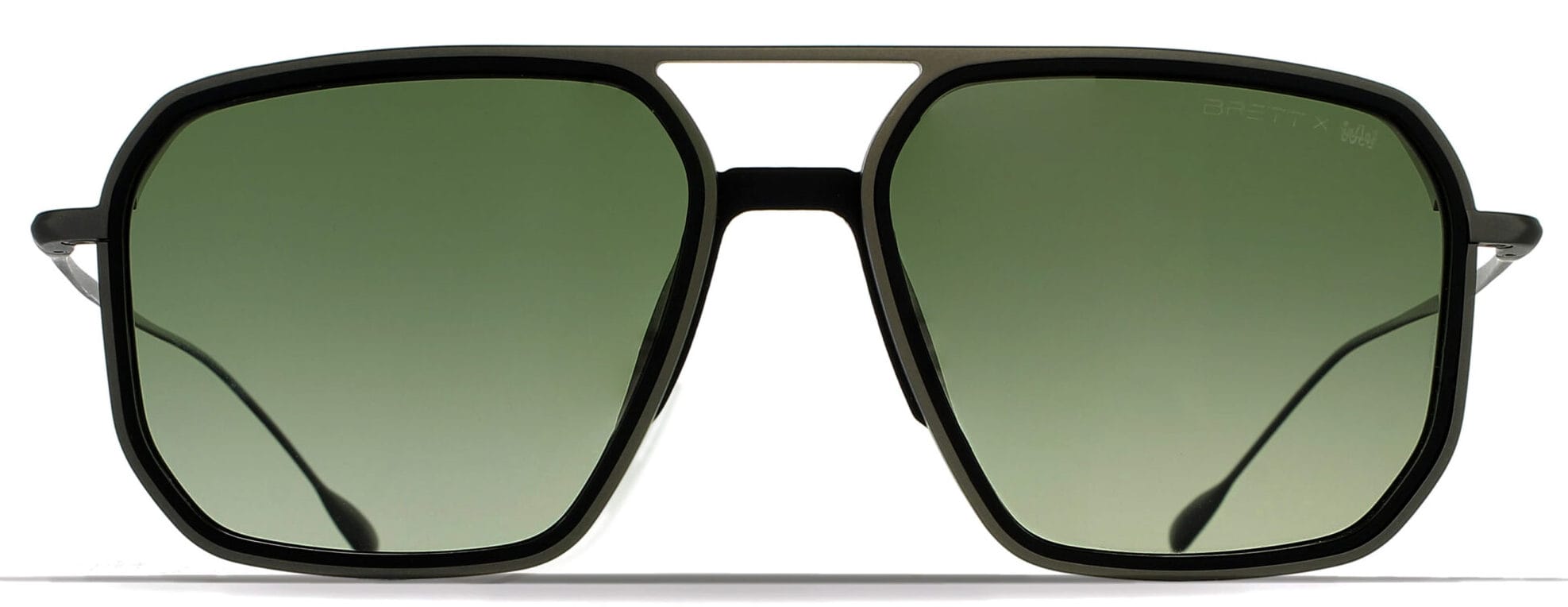 Black-framed sunglasses with square green lenses, front view