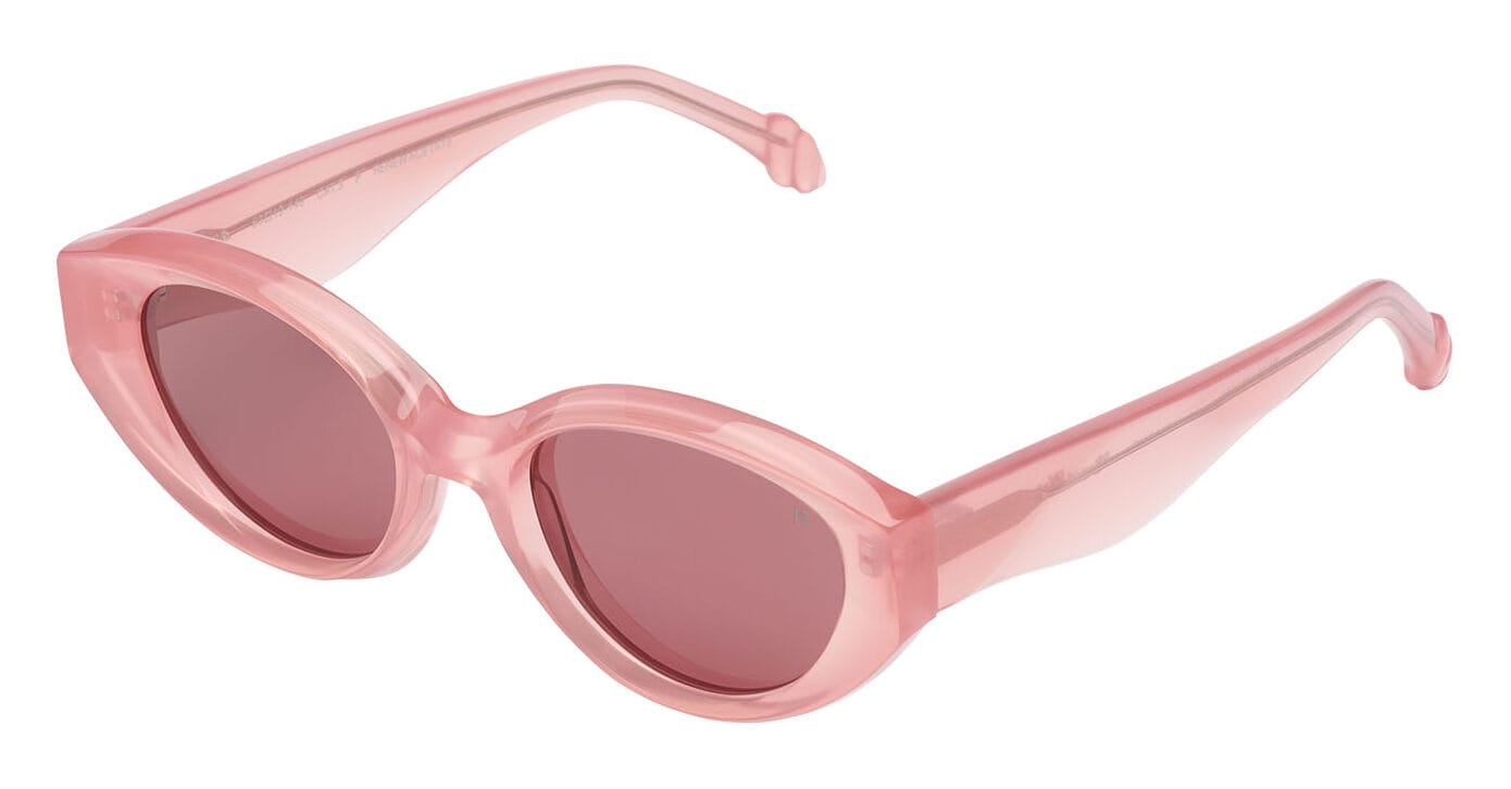 Pink plastic sunglasses with rounded lenses, viewed from front-left on a white background.
