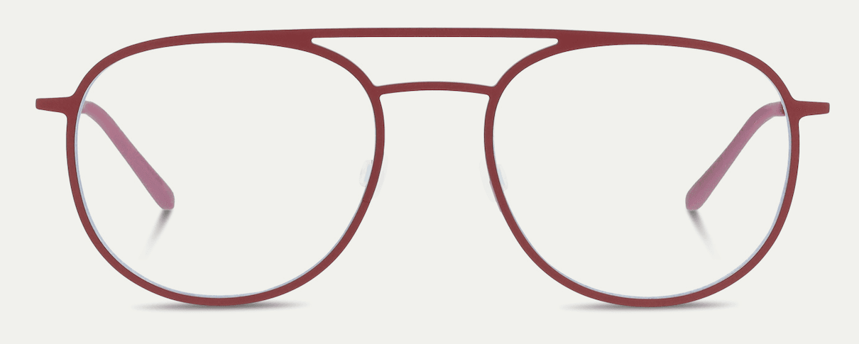 Red metal-framed glasses with round lenses seen head-on against a light background, full frame visible, minimalist style.