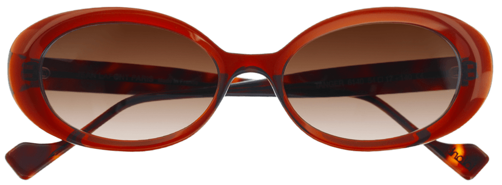 Red oval sunglasses with brown gradient lenses, front view and arms extended outward.