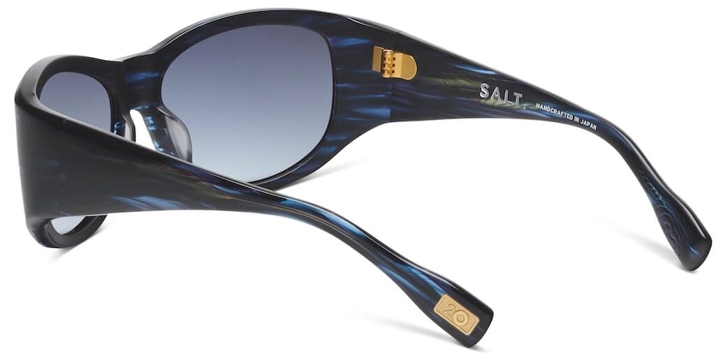 Sunglasses with blue gradient lenses and a marbled blue frame; SALT brand, made in Japan.