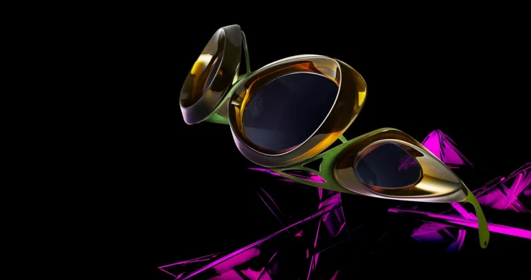 69c72b5a452c9e38da2bf010a8d27d0b892c49bdjpeg | Eyestylist Colorful Futuristic Sunglasses with Amber Lenses and a Green Frame Set Against a Black Background, with Magenta Abstract Shapes Beneath. | Eyestylist 21st July 2026