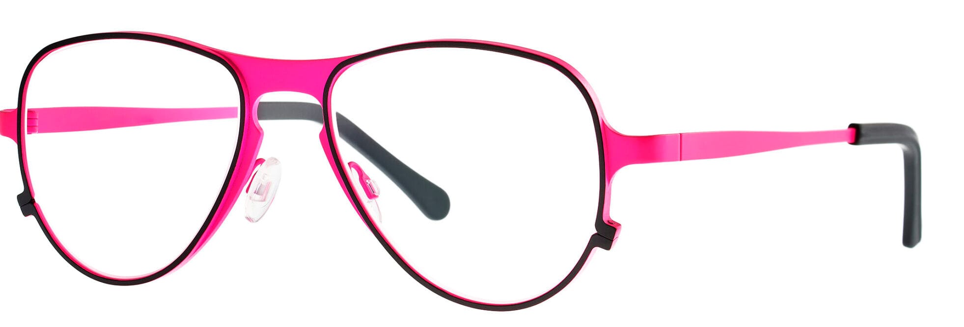 Pink metal-framed eyeglasses with clear lenses and adjustable nose pads