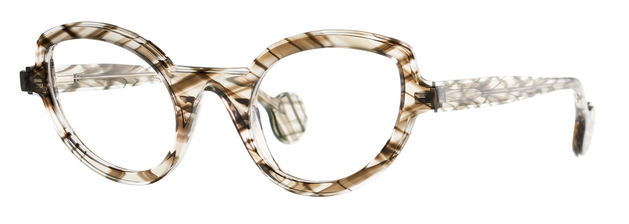Tortoiseshell round eyeglasses with clear lenses on a white background
