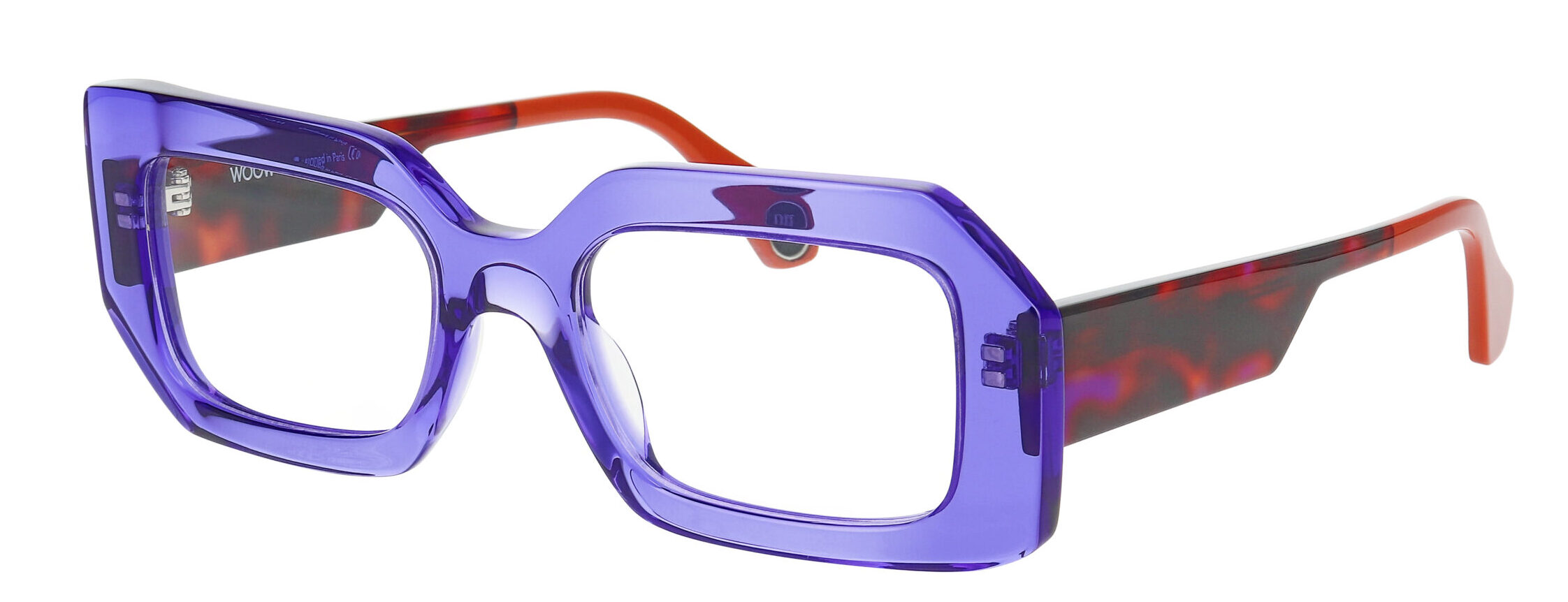 Purple oversized square-frame eyeglasses with orange temples and tortoiseshell side panels, front view.