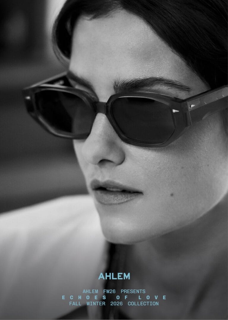 AHLEM-FW26-POITOU | Eyestylist Close-up of a Person Wearing Oversized Sunglasses in a Fashion Promo Image with 'ahlem' Branding and 'fall Winter 2026 Collection' Text Overlay | Eyestylist 18th September 2026