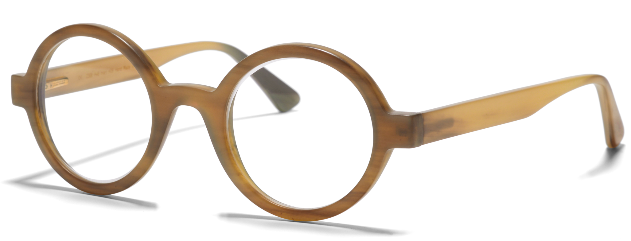 Tortoiseshell round eyeglasses with thick frames shown from the side against a black background.