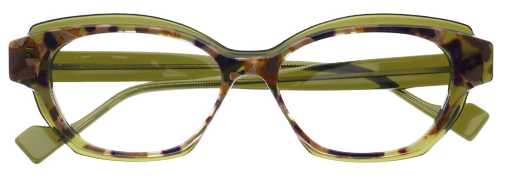 LAFONT_VARIATIONKAKI_F | Eyestylist Oversized Tortoiseshell Cat-eye Eyeglasses with Lime-green Temples on a White Background. | Eyestylist 8th September 2026